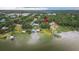 Wide aerial shows waterfront property with private dock, manicured lawn, and luxurious lakeside living at 739 Swann Dr, Lakeland, FL 33809