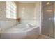 Bathroom featuring a soaking tub, glass block window, and separate shower with glass door at 1961 Rocky Pointe Dr, Lakeland, FL 33813