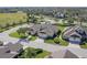 Bird's eye view of the neighborhood featuring yellow single story homes each with attached garages, landscaping, and green lawns at 3019 Mission Lakes Dr, Lakeland, FL 33803
