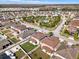 Aerial view of a community showcasing homes, green space, and proximity to a neighborhood park with a pool at 3460 Canvas St, Kissimmee, FL 34741