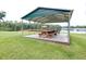 Community lakeside picnic pavilion with wooden picnic tables and serene waterfront views at 6962 Starmount Dr, Lakeland, FL 33810