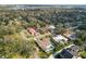 Aerial view of a home featuring a pool and manicured backyard, nestled in a lush, tree-filled neighborhood at 1401 Easton Dr, Lakeland, FL 33803