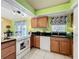 Functional kitchen area with stainless steel appliances, dark countertops, and natural wood cabinets at 2532 Everleth Dr, Lakeland, FL 33810