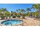 Close-up view of a community hot tub with surrounding brick pavers, seating, and tropical landscaping at 4002 Sunset Lake Dr, Lakeland, FL 33810