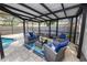This screened patio offers a cozy place to relax and enjoy the view of the pool and backyard at 327 Corona Del Mar St, Lakeland, FL 33809