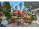 Relaxing backyard with a patio seating area featuring an umbrella and a table with chairs at 815 Success Ave, Lakeland, FL 33801