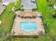 Aerial view of the community pool with ample seating, palm trees, and a nearby parking lot at 4688 Hickory Stream Ln, Mulberry, FL 33860