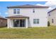 Exterior rear of home features a covered patio, grassy lawn, and neutral stucco at 685 Meadow Pointe Dr, Haines City, FL 33844