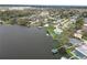 Aerial view showcasing the property's waterfront location along a lakefront community at 5716 Gibson Shores Dr, Lakeland, FL 33809