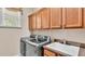 Bright laundry room features front loading washer/dryer, storage, and a sink for added convenience at 9216 Tom Moore Rd, Lakeland, FL 33810