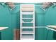 Custom closet design with adjustable shelves and rods on teal walls for organized storage at 1722 High Point Dr, Lakeland, FL 33813