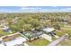 Distant aerial view of a single-story home featuring an in-ground pool, solar panels, and mature trees at 1160 Ilene Ave, Bartow, FL 33830