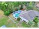 Aerial view of a house with a screened-in pool, surrounded by lush greenery and a fenced yard at 2597 Highlands Vue Pkwy, Lakeland, FL 33812