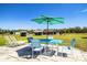 Outdoor patio area with a table, chairs, umbrella, and lounge chairs, providing a comfortable space to relax at 408 Old Bartow Lake Wales Rd, Bartow, FL 33830