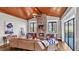 Inviting living room featuring a stone fireplace, wood ceiling, and large windows at 6383 Summertimes Plantation Blvd, Bartow, FL 33830