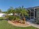 Detailed landscaping with palm trees, rock beds and walkways, surrounding the screened-in pool at 152 Melissa Trl, Auburndale, FL 33823