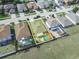 Aerial view showcasing the home, neighboring properties, and the backyard with pool and deck at 300 Keswick Ave, Davenport, FL 33897