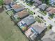 Aerial view showcasing the home, neighboring properties, and the backyard with pool and deck at 300 Keswick Ave, Davenport, FL 33897