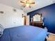 Bedroom with blue accent wall, ceiling fan, and double door closet at 661 Black Eagle Dr, Groveland, FL 34736