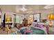 Bedroom with a large bed and colorful floral bedspread, with lamps on side tables at 1610 Reynolds Rd # 50, Lakeland, FL 33801