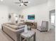 Open-concept living room featuring modern furnishings, carpet flooring, and an adjoining kitchen area at 1757 Burrows Ave, Lakeland, FL 33811