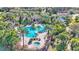 Aerial view of the community pool area, complete with palm trees, a separate jacuzzi, and ample seating at 4232 Prima Lago Dr, Lakeland, FL 33810
