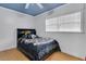 Simple bedroom with blue ceiling, black-framed bed, and soft light coming through the window at 202 Saint Lucie Rd, Winter Haven, FL 33884
