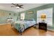 Well-lit bedroom with a ceiling fan, a vanity, and a bed with a blue seashell themed comforter at 202 Saint Lucie Rd, Winter Haven, FL 33884