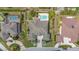 Aerial view of a home with a backyard pool, nestled between lush greenery and neighboring houses at 715 Hanover Ct, Lakeland, FL 33813