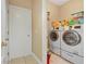 Bright laundry room features side-by-side washer and dryer and shelving at 1925 Binnacle St, Kissimmee, FL 34744
