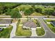 Aerial view of the home's fenced-in property with a manicured lawn, covered patio, and convenient access to local roads at 3425 Sutton Ridge St, Lakeland, FL 33810