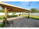 Relaxing covered patio featuring pavers, stylish lighting, and views of the manicured lawn and fenced backyard at 3425 Sutton Ridge St, Lakeland, FL 33810