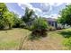 Wide shot of landscaped backyard with mature palms and view of screened patio at 6626 Royal Forest Dr, Lakeland, FL 33811