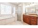 Well-lit bathroom with a soaking tub, walk-in shower, and vanity with a framed mirror at 5612 Vintage View Blvd, Lakeland, FL 33812