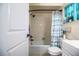 Bathroom features stylish shower curtain, vanity, and decor for a cozy and inviting feel at 610 Cottage Ln, Lakeland, FL 33803