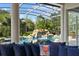 Inviting screened-in pool area with rock waterfall feature seen from a covered patio with outdoor furniture at 13137 Lake Butler Blvd, Windermere, FL 34786