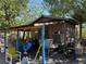 View of a home's back patio displaying the yard, shed and furniture at 216 Varnadoe Rd, Winter Haven, FL 33880