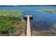Aerial view of a wooden dock stretching out into a large lake with lily pads at 2500 21St Nw St # 78, Winter Haven, FL 33881