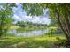 Scenic backyard view with a black metal fence overlooking a serene pond surrounded by lush greenery at 1104 Kells Ct, Lakeland, FL 33813