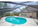 Outdoor kidney-shaped pool in screened enclosure surrounded by a patio and trees at 1104 Kells Ct, Lakeland, FL 33813