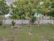 Backyard featuring several trees, green grass, a white fence, and a wooden bench at 2033 Normandy Heights Dr, Winter Haven, FL 33880