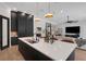 Open-concept kitchen showcasing a large island, stainless steel sink, modern lighting, and seamless flow to the living area at 2645 Delphi Hills Ct, Lakeland, FL 33812