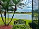 Scenic backyard view with palm trees, a bench, a tranquil lake, and beautiful landscaping at 2820 Prestwick Dr, Lakeland, FL 33803