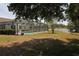 View of the screen-enclosed pool and backyard with a lake view at 3359 Sanoma Dr, Lakeland, FL 33811