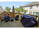 Wooden deck featuring a grill, patio furniture, and an umbrella for shade at 3857 Hampstead Ln, Lakeland, FL 33810