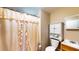 Cozy bathroom with vanity, toilet, mirror, shower with peach curtain, and toilet paper holder at 410 Orange St, Bradley, FL 33835