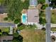 Aerial view of backyard featuring a pool and privacy fencing nestled amongst mature trees near a paved road at 2103 Sylvester Ct, Lakeland, FL 33803