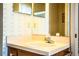 Bathroom featuring a vanity with a sink, patterned wallpaper, and a mirrored backsplash at 4976 Pleasant Hollow Trl, Lakeland, FL 33811