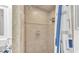A tiled shower featuring a shower head and soap dish, with a view of the sink and mirror at 5246 Montserrat Dr, Lakeland, FL 33812