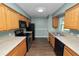 Kitchen featuring light wood cabinets, dark appliances, and a view of the backyard at 137 Leitha Way, Lakeland, FL 33809